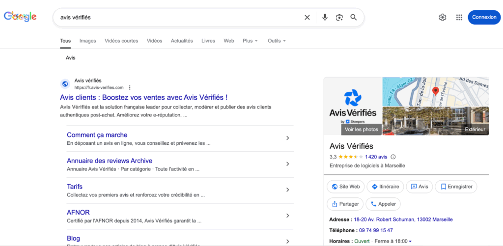 Page de résultat Google Avis Vérifiés
