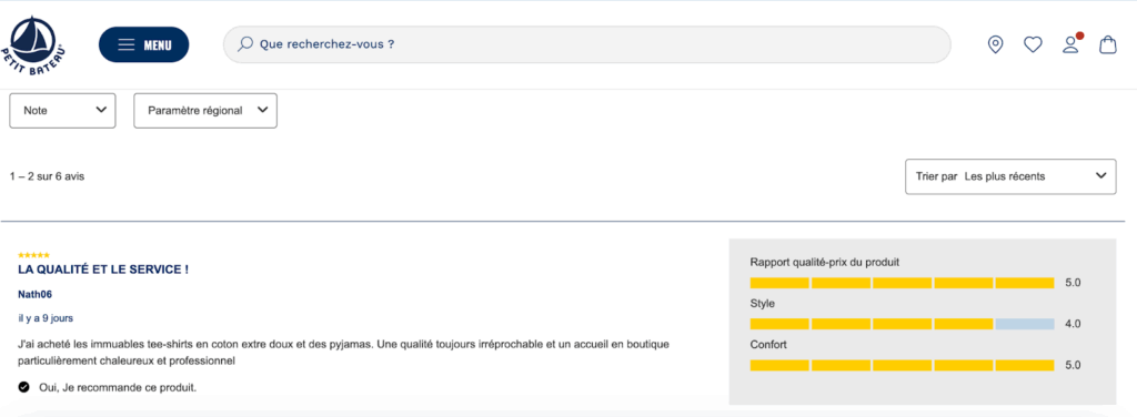 Page avis clients site web petit bateau