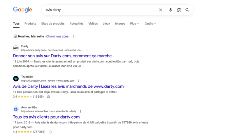 Recherche avis Darty google