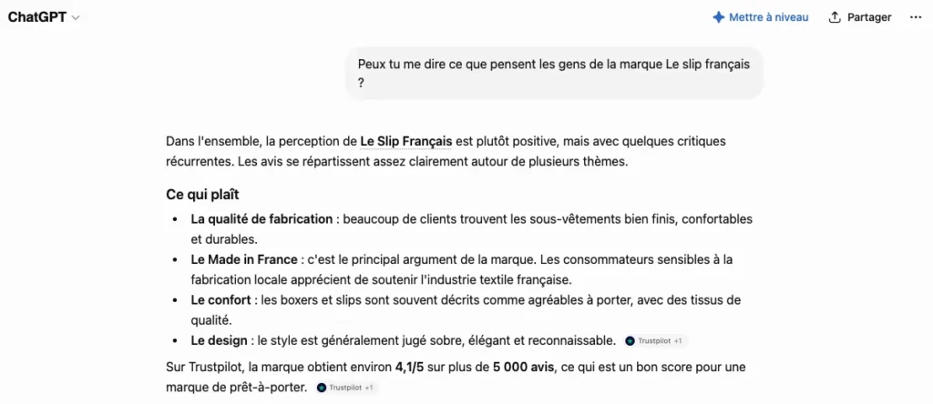 Recherche marque Le slip français Chat GPT